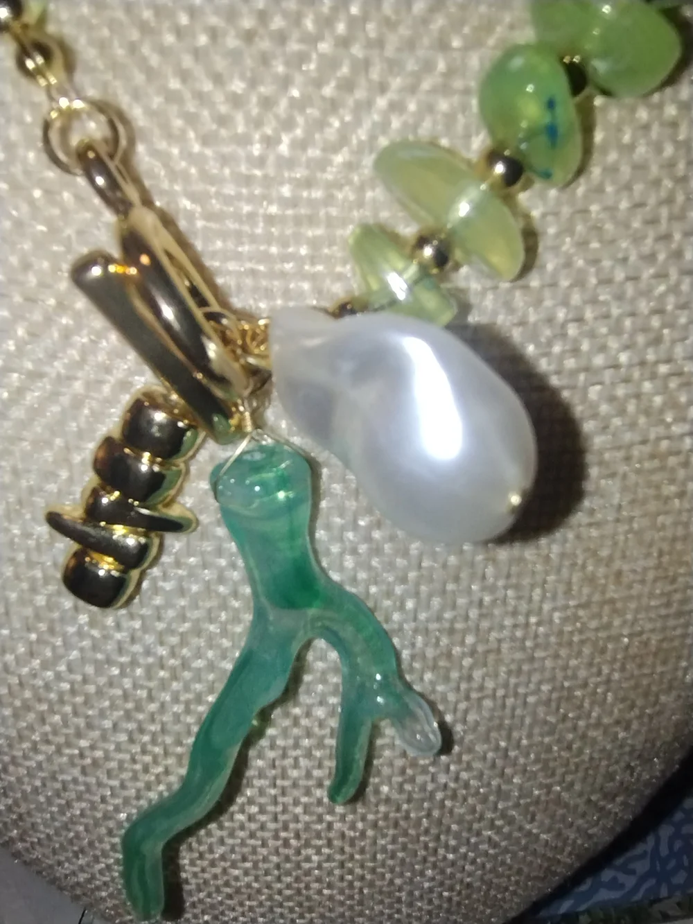 Green Bead Necklace with Pearl & Gold Charm And Coral Branch